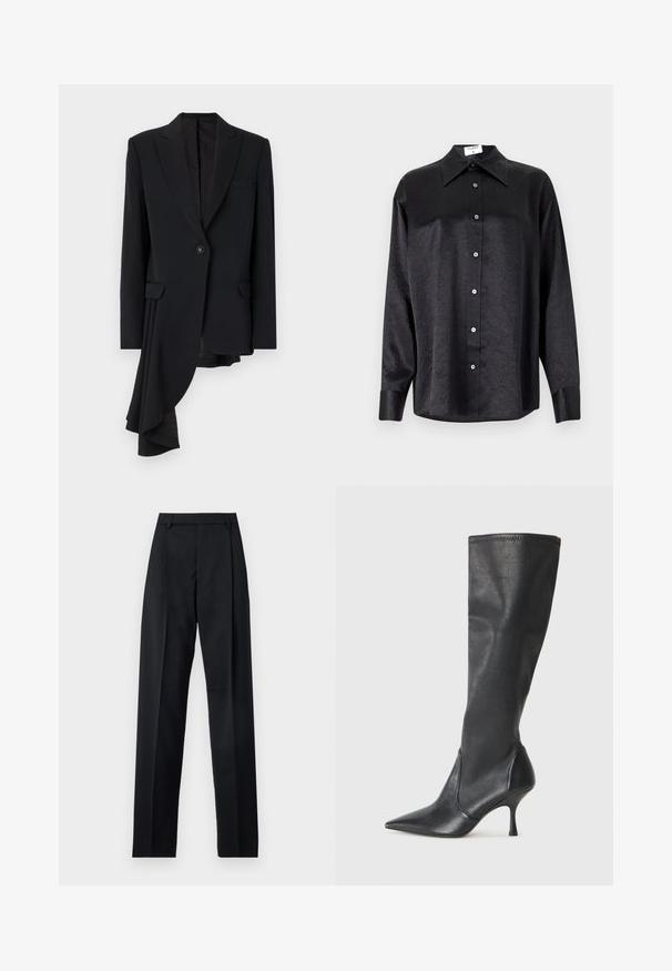 Viktor&Rolf ASYMMETRIC  - Blazer - black; Chemise noire à manches longues avec un col, présentant une texture froissée, une fermeture à boutons sur le devant et des poignets. Fabriquée en tissu lisse.; Pantalon noir en tissu lisse avec taille haute, jambes larges, plis à l'avant et passants de ceinture classiques. Pas de poches latérales visibles.; Bottes en cuir noir arrivant jusqu'aux genoux avec un bout pointu et un talon aiguille fin. Texture lisse avec un design ajusté et des coutures au bord supérieur.
