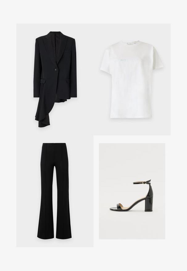 Viktor&Rolf ASYMMETRIC - Blazer - black; Maglietta bianca in cotone con maniche corte e scollatura a girocollo, caratterizzata dalla parola "INTROSPEZIONE" in carattere azzurro chiaro sul petto.; Pantaloni neri a zampa d'elefante con vita alta, realizzati in tessuto elastico. Presentano dettagli di cucitura verticale nella parte anteriore e una texture liscia.; Sandalo in vernice nera con tacco largo, punta aperta e cinturino alla caviglia con fibbia dorata. Texture liscia e design elegante.