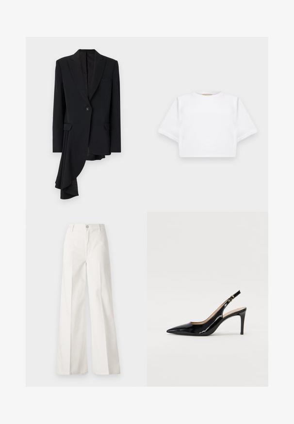 Viktor&Rolf ASYMMETRIC - Blazer - black; Camiseta blanca corta hecha de una tela suave, con mangas cortas, escote redondo y detalles de ribete en el dobladillo. Diseño simple y sin adornos.; Pantalones de pierna ancha blancos hechos de algodón con una textura suave. Cuenta con un botón delantero, cremallera y un diseño de cuatro bolsillos.; Zapatos de charol negro con tirante al tobillo, punta afilada, tacón delgado y un diseño de corte sutil. Presenta una hebilla dorada en la correa.
