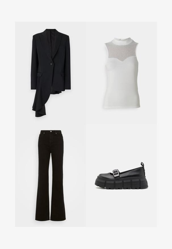 Viktor&Rolf - Żakiet; Biała bezrękawnik z wysokim dekoltem, z teksturowanym prążkowanym panelem na klatce piersiowej i gładkim korpusem, tworzący dopasowaną sylwetkę.; Czarne dżinsy z wysokim stanem i rozszerzanymi nogawkami, wykonane z denimu, z zapięciem na guzik, bocznymi kieszeniami oraz gładką fakturą.; Czarne platformowe loafersy z okrągłym noskiem, górą z gładkiej skóry, regulowanym zapięciem i teksturowaną gumową podeszwą z poziomymi rowkami.