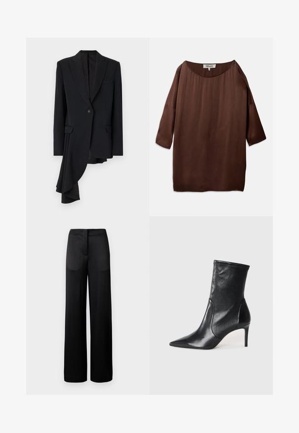Viktor&Rolf ASYMMETRIC - Blazer - black; Bruine, los zittende blouse met een brede bootnek en driekwartmouwen, gemaakt van een gladde, gestructureerde stof. De top heeft subtiele kreukels.; Zwarte wijdvallende broek met een gestructureerd oppervlak, voorzien van een platte tailleband en twee zijzakken. De stof lijkt licht en vloeiend.; Zwarte enkelboots van soepel leer, met een spitse neus, een aangesloten schacht en een slanke hoge hak. Minimalistisch ontwerp zonder zichtbare hardware.