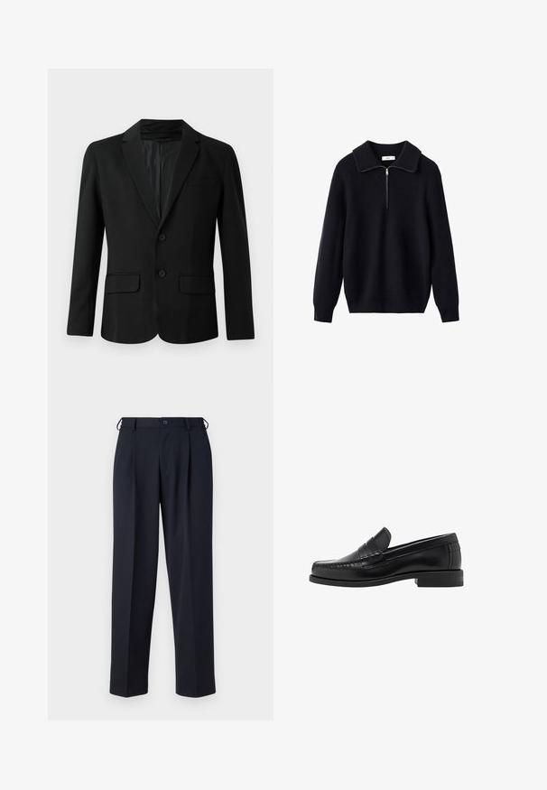Čierny bleizer vyrobený z hladkej látky, s jednoradovým zapínaním, dvoma prednými vreckami, vystúpeným klopom a dvoma gombíkmi.; Čierny pletený sveter s rebrovanou textúrou, širokým golierom a polovičným zipsom vpredu. Dlhé rukávy a voľný strih.; Svetlo modrá košeľa na gombíky s dlhými rukávmi, so špicatým golierom a bielymi gombíkmi. Má vzorovanú vnútornú časť goliera. Hladká textúra látky.; Námornícky modré nohavice vyrobené z hladkej tkaniny, s rovnými nohavicami, skladaným predným dielom a gombíkovým zapínaním v páse.; Čierne kožené loafers s hladkým povrchom, prešívané detaily na špičke a nízky dizajn podpätku pre pohodlie a štýl.