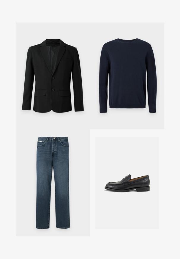 Blazer noir en tissu lisse, avec un design à un bouton, deux poches avant, un revers cranté et deux boutons.; Pull en maille bleu marine à manches longues, col rond, avec des poignets et un ourlet côtelés. Présente un petit logo sur la poitrine.; Jean en denim bleu foncé avec une coupe droite, cinq poches, passants de ceinture et fermeture à glissière. Texture lisse avec des détails de décoloration subtils.; Mocassins en cuir noir avec une finition lisse, bout rond et coutures décoratives sur la tige. Talon bas empilé et léger brillant.