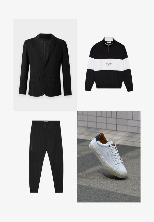 Black blazer made of smooth fabric, featuring a single-breasted design, two front pockets, a notched lapel, and two buttons.; Pier One Sweatshirt - jet black; Black athletic pants made of textured fabric, featuring an adjustable waistband, zippered side pocket, and tapered cuffs.; White leather sneaker with a navy heel, round toe, and contrasting brown accents. Features flat laces and textured rubber sole.