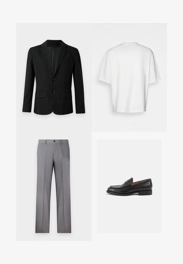 Svart blazer laget av glatt stoff, med en enkel brystlukkedesign, to frontlommer, en klippet slagkrage og to knapper.; Hvit t-skjorte med korte ermer, løs passform, rund hals, glatt bomullsstoff, udekorerte bak, rett nederkant, ingen mønstre eller detaljer.; Grå skreddersydde bukser med flat front, to sidelommer og en enkel knappelukking. Glatt tekstur med et subtilt stripe-mønster.; Sorte lær loafers med en glat overflade, rund tå og dekorativ syning på forfoden. Lav stablet hæl og let glans.