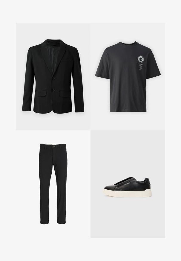 Schwarzer Blazer aus glattem Stoff, mit einem einreihigen Design, zwei Fronttaschen, einem Reverskragen und zwei Knöpfen.; Schwarzes Baumwoll-T-Shirt mit kurzen Ärmeln, Rundhalsausschnitt und Vordergrafik eines Sonnen- und Mondmotivs, begleitet von dem Text "Le Soleil et La Lune."; Schwarze Baumwollmischungshose mit schmalem Schnitt, gekennzeichnet durch einen Knopfverschluss, Taschen und umgeschlagenen Säumen für einen lässigen Abschluss.; Schwarzer Schlupfschuh aus strukturiertem Lederobermaterial, mit weißer Gummisohle und ohne sichtbare Schnürsenkel. Mit Markenlogo an der Seite.