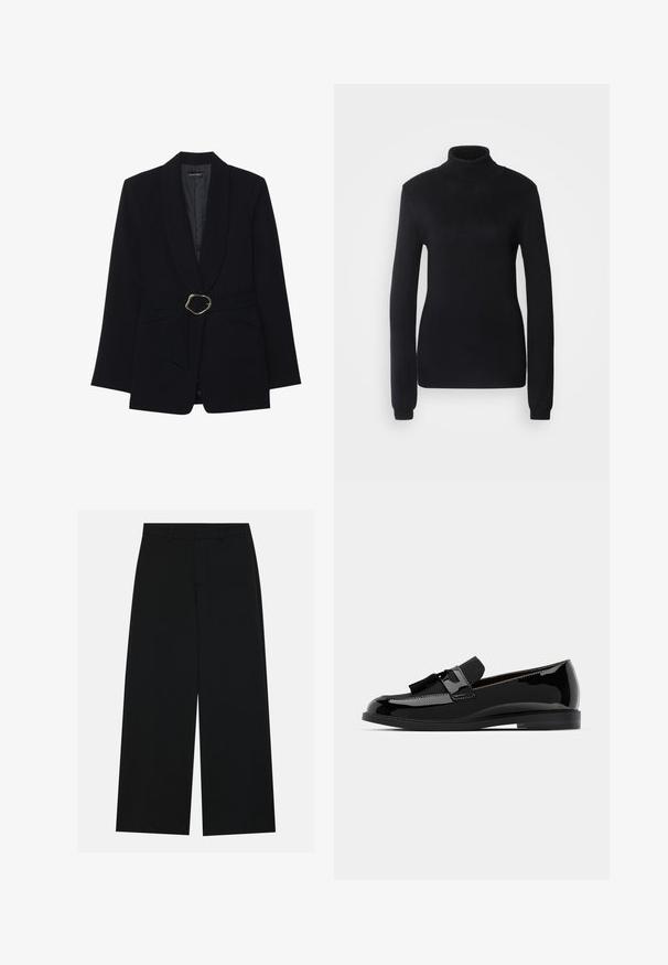 Zwarte op maat gemaakte blazer met een sjawl kraag, een ceintuur in de taille met een goudkleurige metalen gesp en twee voorzakken. Gladde stofstructuur.; Zwarte coltrui van een zachte brei-stof, met lange mouwen en een aansluitende pasvorm, voorzien van een geribbelde kraag en zoom.; Zwart, wijde broek van een gladde stof. Heeft een plat tailleband met riemlussen en geen zichtbare zakken. Eenvoudig ontwerp.; Zwarte lakleren loafers met een platte hak, voorzien van een kwastaccent en een glad oppervlak, ontworpen met een ronde neus en subtiele stiksels.