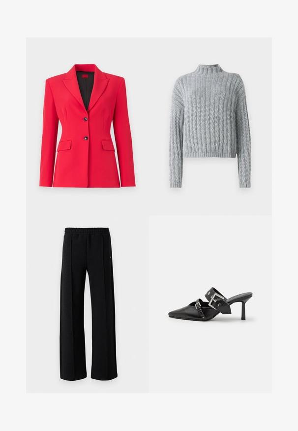 Rode op maat gemaakte blazer met een notch lapel, twee voorzakken en dubbele zwarte knopen. Glad textuur, gestructureerde pasvorm en lichte voering.; Lichtgrijze chunky gebreide trui met geribd patroon, hoge hals, lange mouwen en een iets cropped pasvorm.; Zwarte rechte broek met elastische tailleband en een subtiel gemarmerd patroon in de stof, op een witte achtergrond.; Zwarte hoge hakken mules met een puntige neus, gemaakt van soepel leer. Heeft een brede enkelriem met een vierkante zilveren gesp en studs.