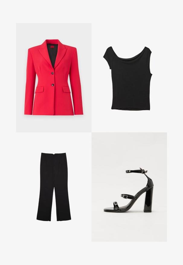 Červený na mieru šitý blejzer s klopovým golierom, dvoma prednými vreckami a dvojitými čiernymi gombíkmi. Hladká textúra, štruktúrovaný strih a svetlé podšívanie.; Čierny krátky rukáv top vyrobený z hladkej tkaniny; má prehnutý výstrih a asymetrický lem, s priliehavým telom.; Čierne nohavice so strihom rovného strihu, s prednými vreckami a bočnými rozparkami na leme. Vyrobené z mäkkej, hladkej tkaniny. Vhodné na rôzne príležitosti.; Čierne lakované sandále na podpätku so štvorcovou špičkou, navlečenými remienkami okolo členku a striebornými prackami. Disponujú masívnym blokovým podpätkom pre stabilitu.