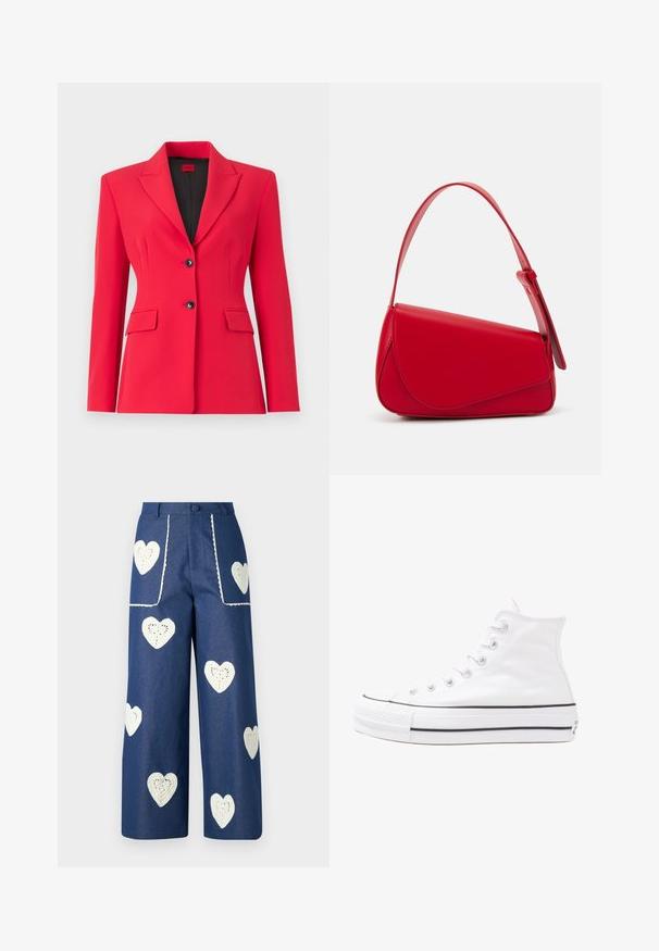 Blazer rouge ajusté avec un col cranté, deux poches avant et deux boutons noirs. Texture lisse, coupe structurée et doublure légère.; Blouse fleurie à manches bouffantes longues, base crème clair, ornée de motifs floraux violets, oranges et verts, avec un col classique.; Sister Jane HEART TO HEART - Jean droit - blue denim; Baskets montantes en toile blanche avec semelle en caoutchouc noir, capuchon en caoutchouc à l'avant, et six œillets pour les lacets, présentant un design épuré et minimaliste.; Sac à main en cuir rouge avec un design angulaire et géométrique. Il dispose d'une seule sangle ajustable et d'une fermeture à rabat avec un detailing cousu.