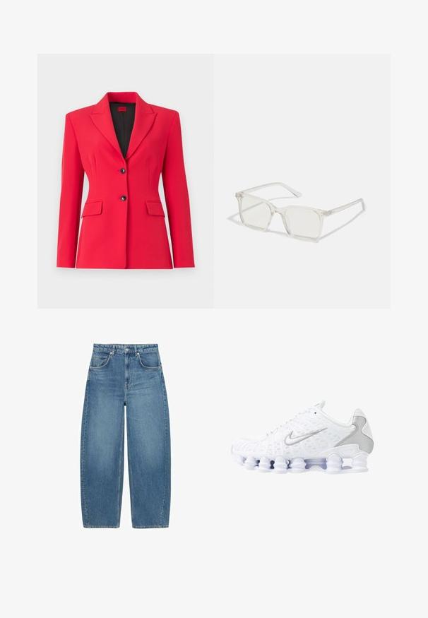 Blazer rojo ajustado con solapa de muesca, dos bolsillos frontales y dobles botones negros. Textura suave, ajuste estructurado y forro ligero.; HUGO GIFT GIVING 2 PACK - Top - blue/black; Jeans de tiro alto y pernera ancha en azul, con bolsillos delanteros y cierre de botón, exhibidos planos sobre un fondo blanco.; Zapatillas deportivas blancas con parte superior de malla, acentos plateados y un diseño de suela de bobina único. Cuenta con un collar acolchado y cierre de cordones para un buen ajuste.; Gafas cuadradas de plástico transparente con lentes translúcidos, que cuentan con acentos dorados en las patillas para un detalle adicional.; Bolso de hombro de denim azul acolchado con una correa de cadena dorada y un destacado acento de logotipo dorado en el frente. Forma rectangular compacta.