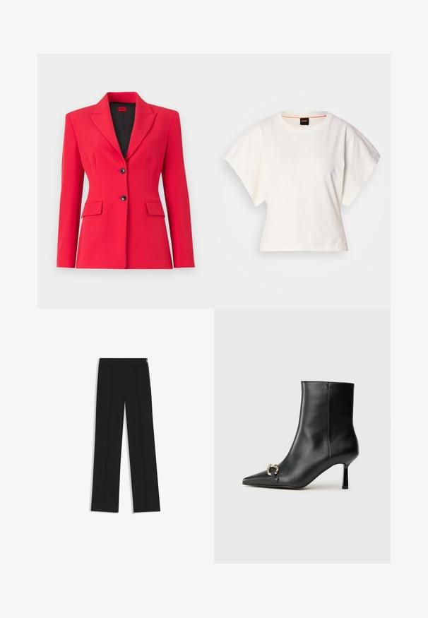 Röd skräddarsydd blazer med slagkrage, två framfickor och dubbla svarta knappar. Slät textur, strukturerad passform och lätt foder.; Vit kortärmad T-shirt, korta vida ärmar, mjukt bomullsmaterial, rund halsringning med subtila orange detaljer, minimal design, inga mönster eller grafik.; Svarta byxor med vida ben, två framfickor, elastisk midja och sidoglädje för detaljer. Slät textur och minimalistisk design.; Svart läderankelboot med spetsig tå, smal medelhög klack och silverfärgad spänndetalj på sidan mot en enfärgad bakgrund.