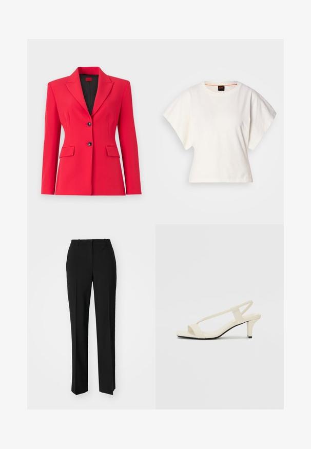 Red tailored blazer with a notch lapel, two front pockets, and dual black buttons. Smooth texture, structured fit, and light lining.; White cropped T-shirt, short wide sleeves, soft cotton material, round neckline with subtle orange trim, minimal design, no patterns or graphics.; Black tailored trousers with a straight-leg design, featuring a smooth texture and crisp creases along the front. No visible hardware.; Beige block-heeled sandals with thin straps and a square toe. Smooth material with minimal detailing, designed for easy wear.