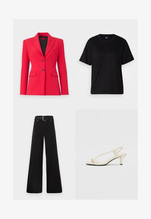 Raudonas pritaikytas bleiseris su išpjautu apykakle, dviem priekinėmis kišenėmis ir dviem juodais mygtukais. Lygi tekstūra, struktūruotas pritaikymas ir lengvas pamušalas.; Juodas medvilninis marškinėliai su apvalia iškirpte, trumpomis rankovėmis ir siuvinėjimu ant krūtinės. Paprastas, laisvas siluetas be raštų.; Juodos plačios kojų kelnės, pagamintos iš medvilnės, su aukšta liemene, didelėmis šoninėmis kišenėmis ir diržu, papuoštu sidabriniais akcentais.; Kreminės blokų kulno šlepetės su plonomis dirželiais ir kvadratiniu pirštu. Lygus medžiaga su minimaliais akcentais, sukurtos lengvam dėvėjimui.