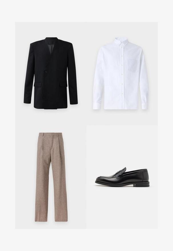 Blazer nero con design avvolgente, dotato di chiusura con un solo bottone, due tasche frontali e colletto a camicia. Tessuto morbido.; Camicia bianca a maniche lunghe con bottoni, realizzata in cotone, caratterizzata da una tasca sul petto con ricamo tonale, colletto e polsini con bottoni.; Pantaloni marroni a vita alta realizzati in tessuto testurizzato. Presentano gambe ampie e due pieghe frontali per struttura. Rifinitura curata senza hardware visibile.; Mocassini neri in pelle con una texture liscia, punta arrotondata e una striscia decorativa sulla tomaia. Tacco basso impilato, design minimalista.