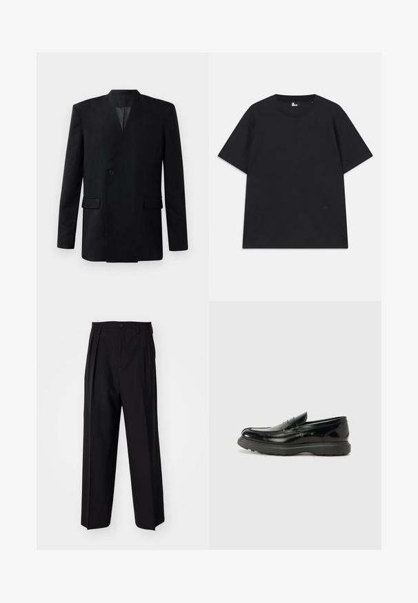 Black blazer with a wrap design, featuring a single button closure, two front pockets, and a stand collar. Smooth fabric texture.; Black short-sleeve t-shirt made of cotton, featuring a round neckline and a small logo detail near the hem. Smooth texture, regular fit.; Black pleated trousers with a straight, wide-leg design. Made from smooth fabric, featuring a button closure and belt loops.; Black leather loafer with a glossy finish, rounded toe, subtle stitching details, and a thick rubber sole for durability.