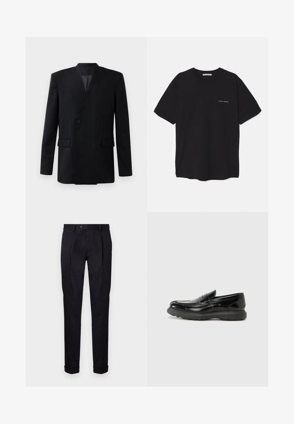 Fekete zakó, átkötős kialakítással, egy gombbal záródik, két elöl elhelyezett zsebbel és állógallérral rendelkezik. Simább anyagtextúra.; Fekete pamut T-shirt kerek nyakkivágással, rövid ujjakkal, és fehér logónyomattal a bal mellrészen. Egyszerű, egyszínű dizájn.; Fekete, testreszabott nadrág sima anyagból, lapos elejű, két elülső redővel és cuffolt szegéllyel, amely tiszta, strukturált megjelenést kölcsönöz.; Fekete bőr loafer, fényes felülettel, kerek orral, diszkrét varrási részletekkel és vastag gumitalppal a tartósság érdekében.