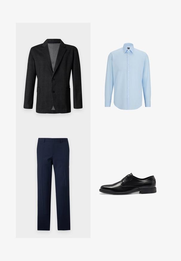 Mörkgrå skräddarsydd kavaj med en slät yta, enkelknäppt design, kavajslag och två framfickor. Har två knappar.; Ljusblå långärmad skjorta i slät tyg, med knäppning fram, spetsig krage och regular fit.; Marinblå byxor med skräddarsydd passform, som har en slät textur, skarpa veck och en platt framsida. Dold dragkedjestängning.; Svart läderskor med slät yta, snördesign, rund tå och subtila sömnadsdetaljer. Har en svart gummisul.