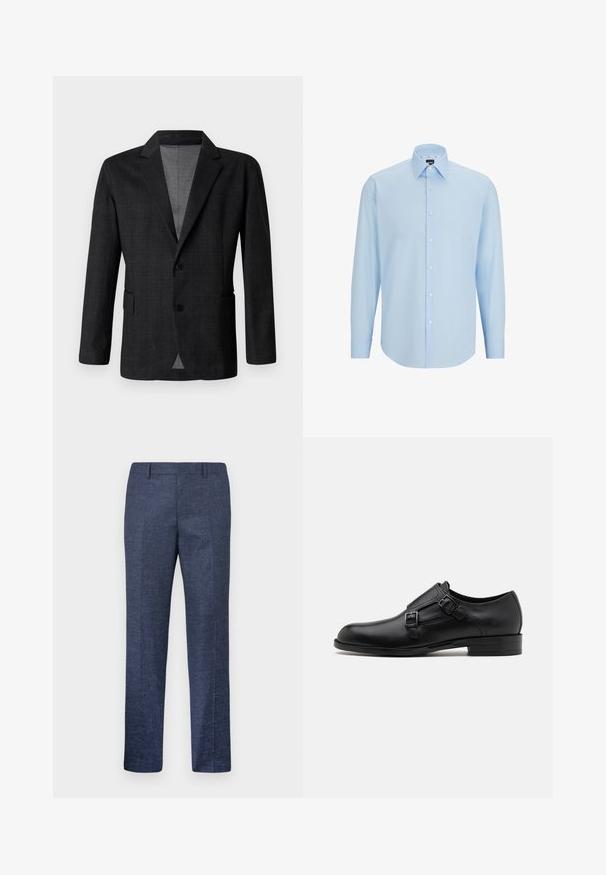 Tmavo sivý priliehavý sako s hladkou textúrou, jednoradovým dizajnom, klopovými chlopňami a dvoma prednými vreckami. Obsahuje dva gombíky.; Svetlomodrá košeľa s dlhým rukávom vyrobená z hladkej tkaniny, s gombíkovou légiou, špicatým golierom a klasickým strihom.; Námornícke modré nohavice vyrobené z textúrovanej látky, s rovnými nohavicami, plochým predkom a dvoma bočnými vreckami. Žiadne viditeľné vzory ani akcenty.; Čierne kožené spoločenské topánky s dvojitými prackami, elegantným siluetou a okrúhlou špičkou. Majú nízky opätok a hladký povrch.