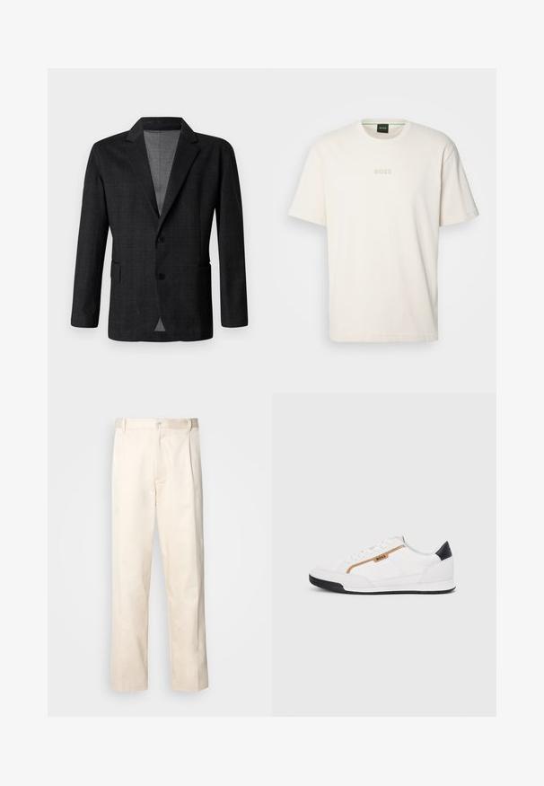 Mørkegrå skreddersydd blazer med en glatt tekstur, ensidig design, hakkede reverser og to frontlommer. Har to knapper.; BOSS TEE - T-shirts - open white; Beige bomullsbukser med rett benfatt, med knappelukking og folder foran for ekstra detaljer.; Hvite sporty sko med mesh- og lærdetaljer. Har en gull "BOSS"-logo, teksturerte sidepaneler og en svart hælbru. Gummisåle.