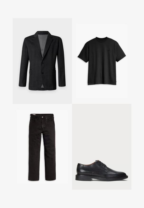 Blazer su misura grigio scuro con una texture liscia, design monopetto, rever a punta e due tasche frontali. Presenta due bottoni.; T-shirt nera in cotone con collo rotondo e maniche corte. Presenta un logo frontale sottile e un orlo dritto. Design semplice e minimalista.; Jeans in denim neri a gamba dritta con cinque tasche, chiusura a bottone e passanti per cintura, adagiati su uno sfondo bianco.; Scarpa da uomo in pelle nera con punta rotonda, design con lacci e tacco basso impilato. Texture liscia con dettagli di cucitura minimi.