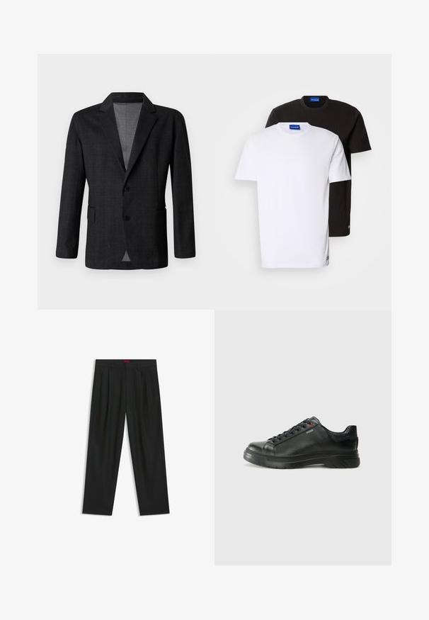 Mørkegrå skræddersyet blazer med en glat tekstur, enspændt design, notch-lapel og to frontlommer. Har to knapper.; To T-shirts stablet: en hvid og en sort. Korte ærmer, runde halsudskæringer, stof af bomuld. Har et lille blåt logo ved halsudskæringen.; Sorte bukser med plisseret design, bred benform og en glat tekstur. Har et rødt taljetag.; Sorte lædersneakers med tekstureret overdel, polstret krave og rødt logo-detajle. Har en tyk gummisål med tydeligt mønster.