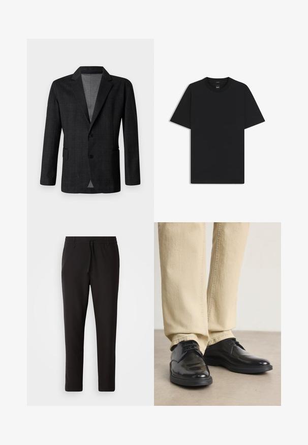 Blazer su misura grigio scuro con una texture liscia, design monopetto, rever a punta e due tasche frontali. Presenta due bottoni.; Maglietta nera a maniche corte realizzata in un morbido misto cotone, con scollatura a girocollo e un design minimalista senza motivi o dettagli.; Pantaloni jogger neri realizzati in tessuto liscio. Presentano una vita elasticizzata con stringa, gambe affusolate e senza tasche visibili. Design semplice.; Scarpe in pelle nera con finitura lucida, design con lacci e suola in gomma. Indossate con pantaloni dritti di colore chiaro.