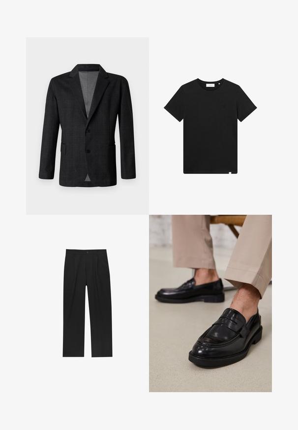 Blazer su misura grigio scuro con una texture liscia, design monopetto, rever a punta e due tasche frontali. Presenta due bottoni.; T-shirt nera a maniche corte in cotone, con scollatura rotonda e un piccolo logo ricamato sul petto. Tessuto liscio, vestibilità standard.; Pantaloni neri con un design a gamba dritta, realizzati in un tessuto liscio. Presentano pieghe frontali e una chiusura a un bottone in vita.; Mocassini in pelle nera con finitura liscia, dotati di una cintura decorativa e cuciture a contrasto, abbinati a pantaloni beige.