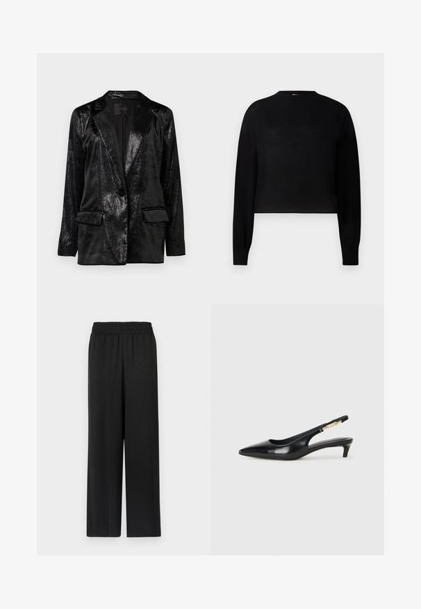 Black blazer with a glossy, textured finish. Features a notched collar, single button closure, and two front pockets.; Black, long-sleeve cropped sweater with a round neckline. Made from a lightweight material with a smooth texture and minimal design.; Black wide-leg pants with an elastic waistband, made of a smooth, lightweight fabric. Features a straight cut and no visible patterns.; Black leather slingback heels with a pointed toe, featuring a slim heel and a gold-tone accent on the adjustable strap. Smooth texture.
