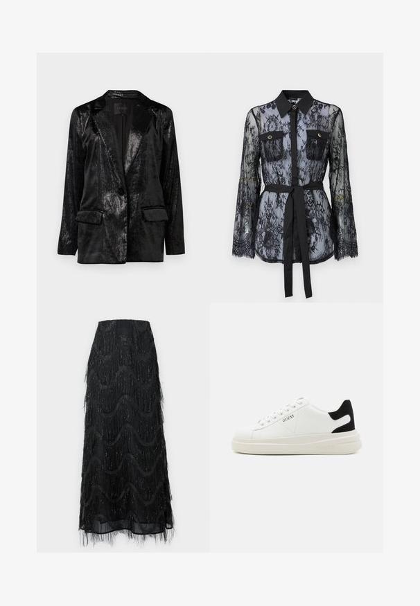 Zwarte blazer met een glanzende, getextureerde afwerking. Voorzien van een reverskraag, éénknops sluiting en twee voorzakken.; Zwarte kanten blouse met lange mouwen, knoopzakken op de borst, een klassieke kraag en een stoffen riem die op de taille is gestrikt. Doorzichtige uitstraling.; Zwarte midi rok met gelaagde franjes en golvenpatronen. Gemaakt van doorschijnend materiaal met sprankelende accenten langs de randen.; Witte leren sneakers met een dikke witte zool, zwarte suède hielaccent en een geperst logo op de zijkant. Vetersluiting met zes oogjes.
