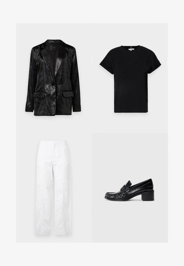 Blazer noir avec une finition brillante et texturée. Présente un col cranté, une fermeture à un bouton et deux poches avant.; T-shirt en coton noir avec des manches courtes roulées, ornée d'un logo en relief au centre et d'un petit accent drapeau sur le côté.; Pantalons larges blancs en tissu léger, présentant une texture lisse, des lignes épurées et une taille haute.; Mocassins en cuir noir avec un devant froncé, bout rond et un talon carré. Présentent une bande décorative et des détails de couture le long des bords.