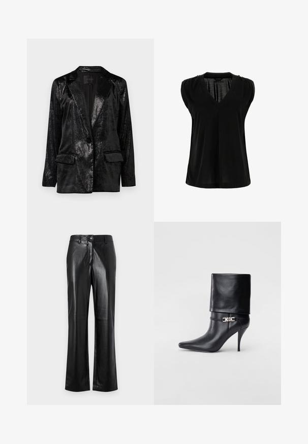 Melnā žakete ar spīdīgu, teksturētu apdari. Iekļauj izgrieztu apkakli, vienu pogu un divas priekšējās kabatas.; Melnā bez piedurknēm augšdaļa ar V-veida kakla izgriezumu, izgatavota no gludas auduma. Raksturīgas plecu detaļu krokas un brīvs piegriezums, ar taisnu apakšmali.; Melnas ādas bikses ar taisnu kāju dizainu, ar priekšējo pogu aizdari, jostas cilpiņām un gludu, spīdīgu tekstūru.; Melnas ādas potīšu zābaki ar smailu purngalu, augstu stiletto papēdi, salocītu aproci un zeltītu dekoratīvu sprādzi uz potītes.