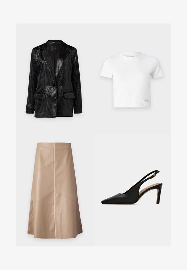Sort blazer med en glat, struktureret overflade. Har en klippet krave, enkelt knaplukning og to forlommer.; Hvid kortærmet t-shirt lavet af glat bomuld med høj hals og korte ærmer. Lille broderet logo i bunden af hjørnet.; Beige faux læder A-line nederdel med diskrete paneldetaljer og en glat mat overflade, knælang og højliv.; Sort læder slingback højhælede sko med spids tå, justerbar guldbuckle-rem og beige indersål.