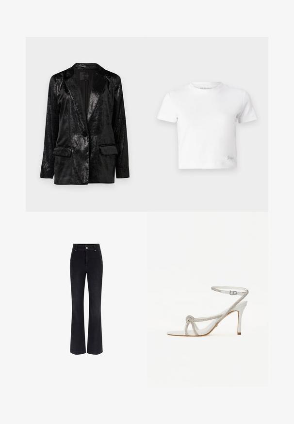 Sort blazer med en glat, struktureret overflade. Har en klippet krave, enkelt knaplukning og to forlommer.; Hvid kortærmet t-shirt lavet af glat bomuld med høj hals og korte ærmer. Lille broderet logo i bunden af hjørnet.; Sorte denim flared jeans med høj talje, fem-lomme design og metalknap detaljer på siderne. Glat tekstur og klassisk pasform.; Hvide højhælede sandaler med en tekstureret rem prydet med rhinsten, åben tå-design og ankelrem med justerbar spænde.