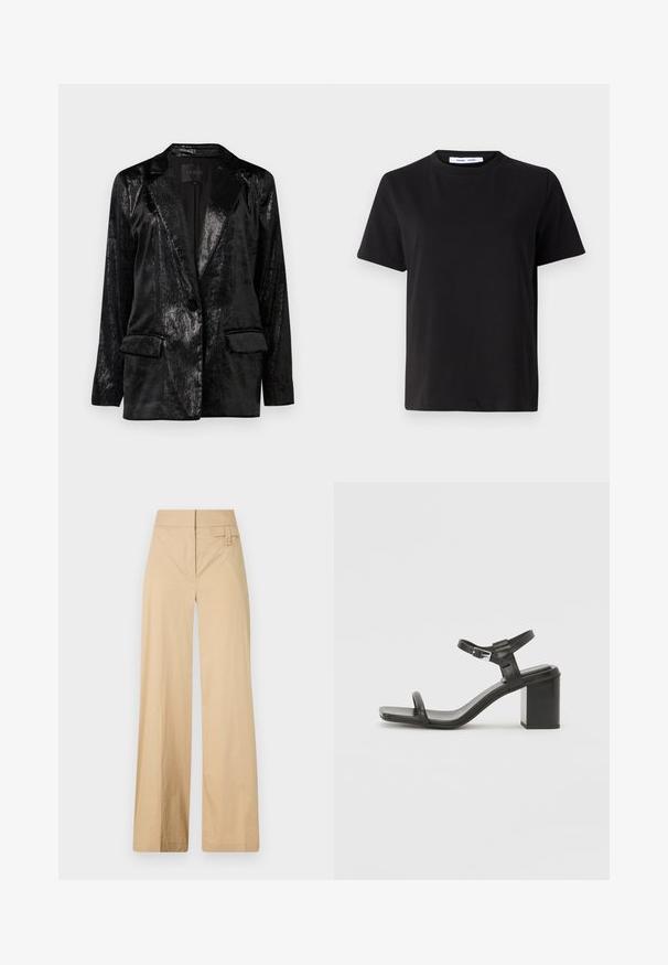 Čierny blejzer s lesklým, textúrovaným povrchom. Má vykrojený golier, jediné zapínanie na gombík a dve predné vrecká.; Čierne tričko s krátkym rukávom vyrobené z mäkkej bavlny, s okrúhlym výstrihom, uvoľneným strihom a hladkou štruktúrou. Žiadne viditeľné vzory ani grafika.; Bežové nohavice so širokými nohavicami vyrobené z kombinácie bavlny. Majú hladkú textúru, elastický pás a detail s bočnými gombíkmi.; Čierne kožené sandále na blokovom podpätku s širokým pásom cez prsty a nastaviteľným pásom okolo členku, s elegantným, minimalistickým dizajnom.