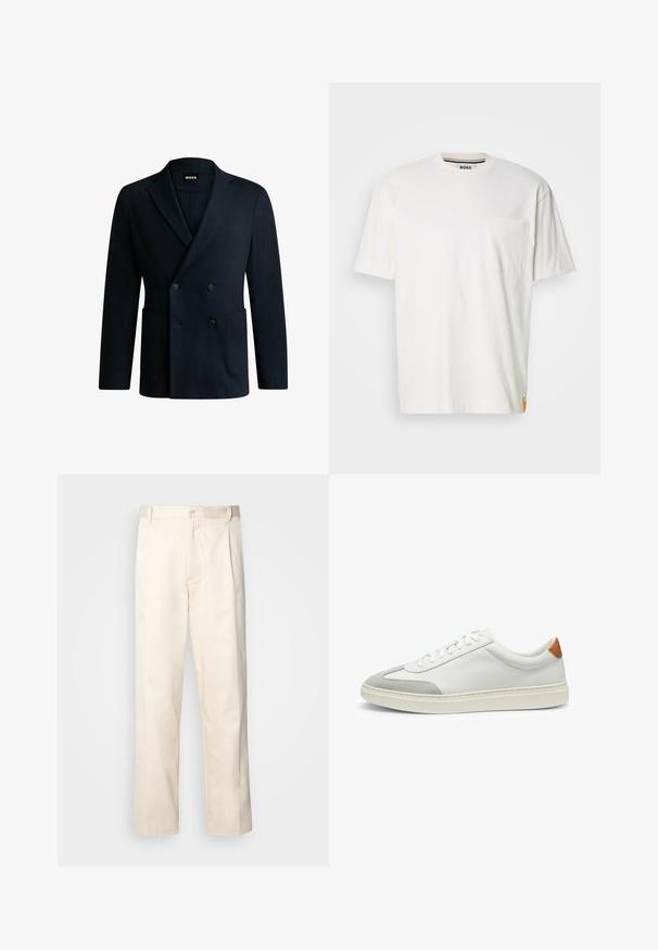 Dwurzędowa granatowa marynarka wykonana z gładkiego materiału, z dwoma przednimi kieszeniami, jedną kieszenią na piersi i eleganckimi klapami.; Biała bawełniana koszulka z okrągłym dekoltem, krótkimi rękawami i kieszonką na lewej piersi. Wyposażona w małą metkę z logo na bocznej szwie.; Beżowe bawełniane spodnie o prostym kroju nogawki, z zapięciem na guziki i plisami z przodu dla dodatkowego zdobienia.; Białe skórzane tenisówki z szarymi zamszowymi akcentami oraz brązowym skórzanym zapiętkiem. Posiadają teksturowaną powierzchnię i lekką podeszwę.