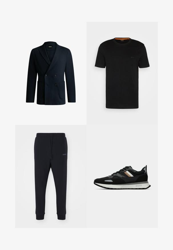 Divkrūšu tumši zils žakets, kas izgatavots no gludas auduma, ar divām priekšējām kabatām, vienu krūšu kabatu un elegantiem uzrakstiem.; Melnā T-kreklu ar īsām piedurknēm, kas izgatavots no mīksta auduma, ar apaļu kakla izgriezumu un diskrētu logotipu priekšpusē. Iekšējā apkakle ar oranžu akcentu.; Melnas sporta bikses, izgatavotas no mīksta materiāla ar elastīgu jostasvietu, auklu un sašaurinātām kājām. Iekļauta arī maza emblēma sānos.; Melnas skrienamās kurpes ar teksturētu virsmu, gaiši pelēkiem akcentiem un trim horizontālām svītrām brūnā krāsā. Iespējo baltu polsterētu zoli.