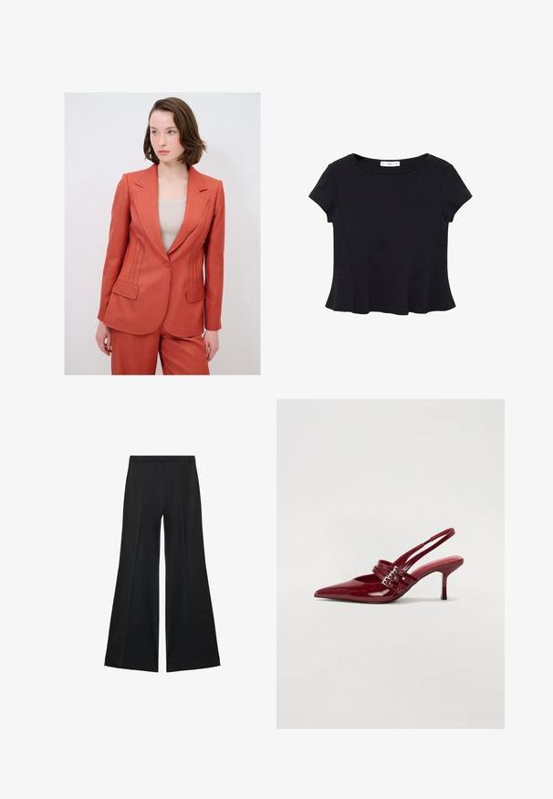 Roodbruine blazer met een gestructureerd ontwerp, voorzien van voorzakken en gedetailleerde stiksels langs de zijkanten. Gemaakt van een geweven stof.; Zwarte korte mouwen top van zacht materiaal, met een ronde halslijn en een uitlopende onderkant met subtiele naaddetail. ; Zwarte wijde-pijpen broek met een gladde textuur, gekenmerkt door voorplooien en een op maat gemaakte uitstraling. De stof is lichtgewicht en vloeiend.; Rode gepatenteerde leren slingbackhakken met een spitse neus, twee gespsluitingen en een slanke, middelhoge stilettohak. Glad textuur.