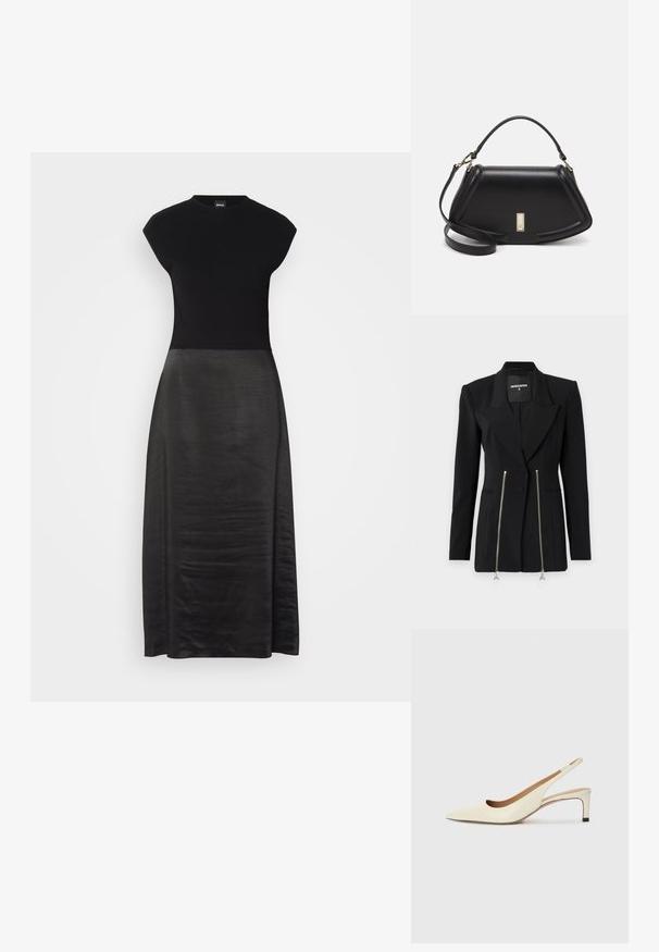 Czarna dopasowana marynarka z wyraźnym klapem, wyraźnie zarysowanymi ramionami, dwoma kieszeniami na zamek z srebrnym wykończeniem oraz smukłym krojem.; Czarna sukienka z dopasowanym korpusem i zwiewnym, jedwabistym dołem. Rękawy typu cap, okrągły dekolt, gładka faktura i długość do kostek.; Sandały na niskim obcasie w kolorze kości słoniowej, z ostrym noskiem i wycięciami, o gładkiej teksturze i minimalnych akcentach.; Czarna skórzana torebka o strukturalnym designie, z przyciętą formą, górnym uchwytem i złotymi akcentami. W zestawie regulowany pasek na ramię.