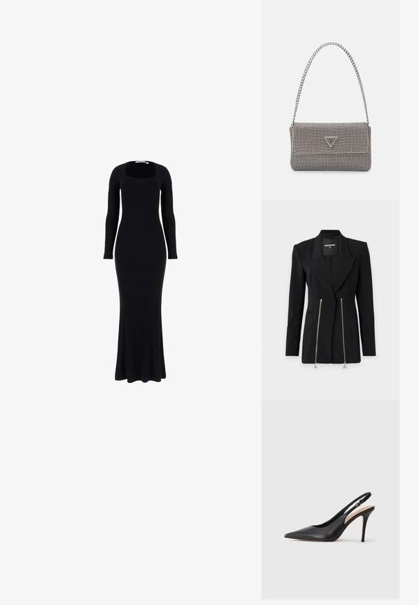 Musta räätälöity bleiseri, jossa on terävä läppä, ryhdikkäät hartiat, kaksi vetoketjullista taskua hopeanvärisillä yksityiskohdilla ja slim fit -design.; Musta ribbed pitkähihainen mekko, jossa on neliönmuotoinen pääntie, tiukka vartalo-osa ja levenevä helma. Valmistettu joustavasta neuleesta mukavuutta varten.; Musta nahkainen slingback-korkokenkä, jossa on teräväkärkinen muotoilu, sileä pinta ja huolellinen hihna, jossa on metallikuva.; Vaalea harmaa metallinen käsilaukku, jossa on ketjusanka. Laukku on koristeltu pienillä pyöreillä metallikoruilla ja kolmion muotoisella brändilogolla.