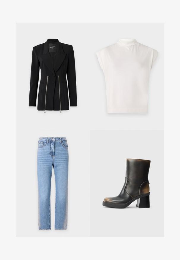 Zwarte op maat gemaakte blazer met scherpe revers, gestructureerde schouders, twee ritssluitingen met zilverkleurige hardware en een slank ontwerp.; Witte mouwloze coltrui gemaakt van zacht materiaal, met een gestructureerd ontwerp, een gladde textuur en subtiele geribbelde zoomdetails.; Lichtblauwe denim jeans met een rechte snit, voorzien van een knoop- en ritssluiting, vijf zakken en een vervaagde textuur op de benen.; Zwarte leren enkellaars met een glanzende afwerking, ronde neus, contrasterende tan accenten, een blokhak en een rits aan de zijkant.