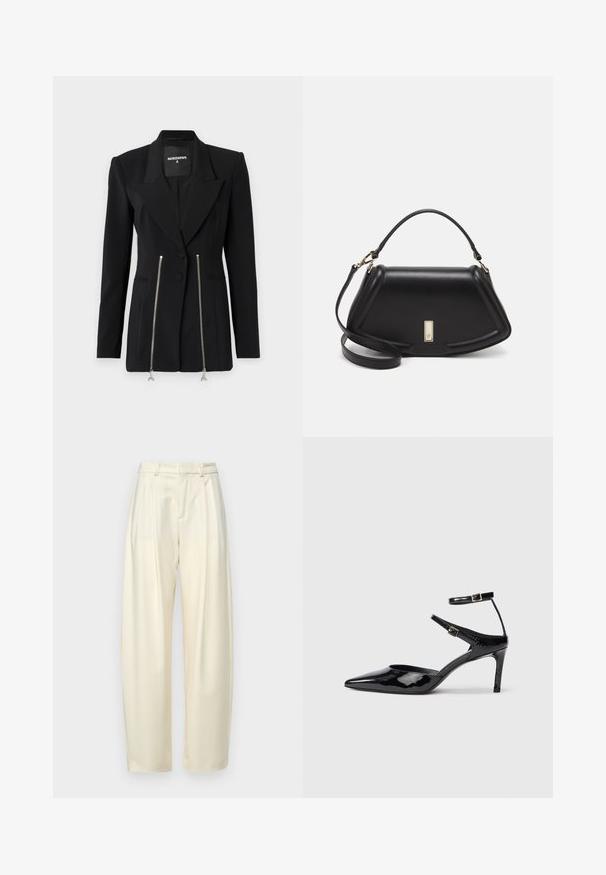 Sort skræddersyet blazer med en skarp revers, strukturerede skuldre, to lynlåslommer med sølvhardware og en tætsiddende pasform.; Hvid cropped T-shirt, korte brede ærmer, blødt bomuldsstof, rund halsudskæring med diskret orange kant, minimalistisk design uden mønstre eller grafik.; Plisserede, højlivede bukser i let cremefarvet stof. Har en lige pasform og en glat tekstur. Ingen lommer eller synligt hardware.; Sorte laklæderhæle med spids tå, justerbare ankelstropper og en slank hæl. Glat tekstur med en skinnende finish.; Sort læderhåndtaske med en struktureret design, der har en kortet form, tophåndtag og guld hardware-accenter. Justerbar skulderrem inkluderet.