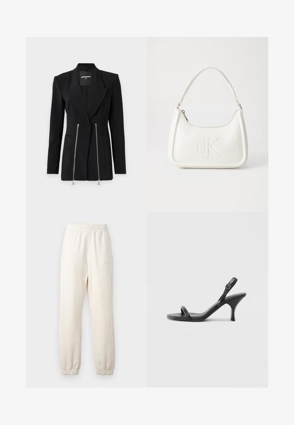 Sort skræddersyet blazer med en skarp revers, strukturerede skuldre, to lynlåslommer med sølvhardware og en tætsiddende pasform.; Hvid cropped T-shirt, korte brede ærmer, blødt bomuldsstof, rund halsudskæring med diskret orange kant, minimalistisk design uden mønstre eller grafik.; Cremefarvede sweatpants lavet af blødt stof, med elestikliv og ribbede manchetter. Subtil logo-detalje på siden.; Sorte læder højhælede sandaler med en slank, buet hæl og et krydset stropdesign. Justerbar ankelrem. Glat tekstur.; Hvid lædertaske med en buet form, der har et præget "CK"-logo på fronten og en enkelt skulderrem. Lynlåslukning i toppen.