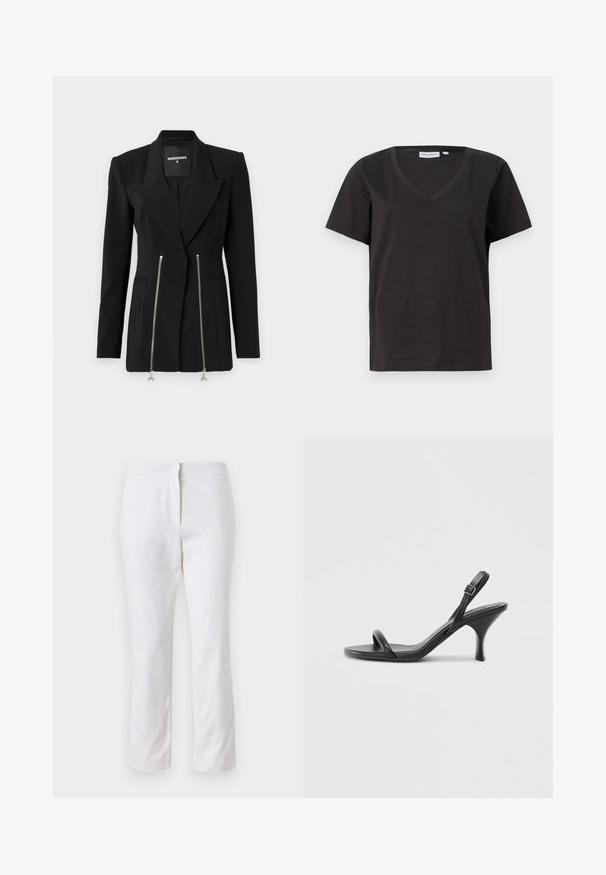Blazer preto ajustado com lapela afiada, ombros estruturados, dois bolsos com fecho éclair e detalhes em prata, e um design slim fit.; T-shirt de algodão preto com decote em V e mangas curtas. Design simples com um corte regular e sem padrões ou detalhes.; Calças de algodão brancas com um design de perna reta, apresentando uma cintura de altura média e sem hardware ou padrões visíveis. Textura suave por toda a peça.; Sandálias de salto alto em couro preto com um salto curvado e fino e um design de tiras cruzadas. Correia ajustável no tornozelo. Textura suave.