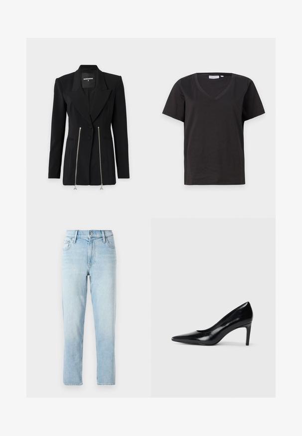 Schwarzer taillierter Blazer mit scharfem Revers, strukturierten Schultern, zwei mit Reißverschlüssen versehenen Taschen mit silbernem Beschlag und slim fit Design.; Schwarzes Baumwoll-T-Shirt mit V-Ausschnitt und kurzen Ärmeln. Einfaches Design mit normalem Schnitt und ohne Muster oder Akzente.; Hellblaue Jeans aus Denim, mit geradem Bein, mittelhoher Taille, fünf Taschen und einem Knopfverschluss vorne.; Schwarzer Lederhochschuh mit spitzem Zehenbereich, glatter Textur und schmalem Absatz. Minimalistisches Design, keine zusätzlichen Verzierungen.