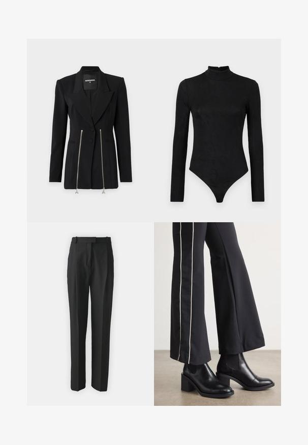 Juoda pritaikyta džinsinė švarka su aštriu apykakle, struktūruotais pečiais, dviem užtrauktukais uždaromais kišenėmis su sidabro detalėmis ir lieknu siluetu.; Juodas ilgam rankovėms bodžių su aukštu kaklu ir subtilia tekstūra. Fasuotuvų gale ir thong tipo apatinė dalis.; Juodi pritaikyti kelnes pagamintos iš lengvos medžiagos, turinčios tiesų kirpimą, plokščią priekinę dalį ir diržo kilpas. Lygus paviršius be matomų raštų.; Juodi odiniai auliniai batai su plataus bloko kulnu, turintys elastines šonines dalis. Sukomplektuoti su juodomis kelnėmis, turinčiomis baltą šoninės juostą.