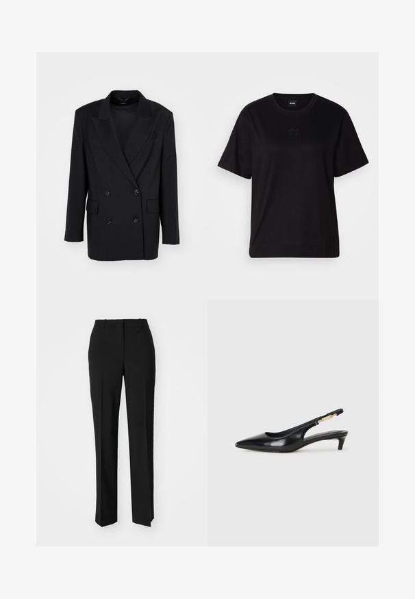 Črn dvoredni blazer z reverjem, dvema sprednjima žepoma, šestimi črnimi gumbi in strukturiranimi rameni. Gladka tekstura tkanine.; Črna bombažna majica s krožnim izrezom, kratkimi rokavi in izvezenim logotipom na prsih. Preprosta, sproščena silhueta brez vzorcev.; Črne krojene hlače s direktnim krojem, ki se ponašajo z gladko teksturo in ostrimi pregibi spredaj. Ni vidne kovine.; Črne usnjene sandale na peto z ostro konico, ki imajo tanko peto in zlat ton na nastavljivem traku. Gladka tekstura.