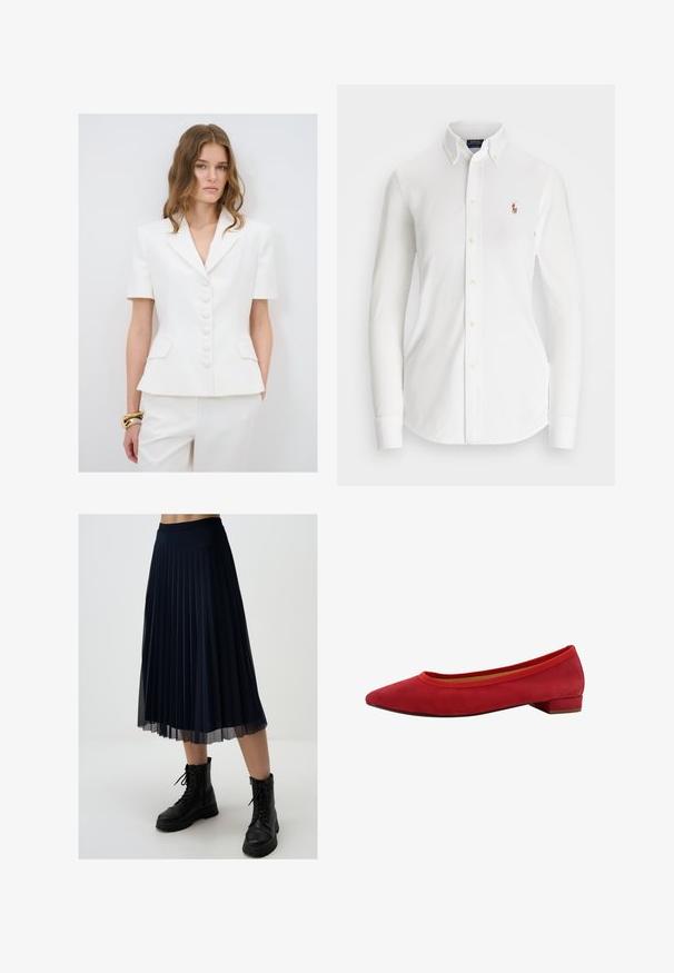 adL Blazer - white; Witte overhemd met lange mouwen en een puntkraag, gemaakt van katoen. Voorzien van een klein geborduurd logo op de linkerborst.; Marineblauwe plissérok van lichtgewicht stof, met een lengte tot de middenkuit en een aansluitende tailleband, gecombineerd met zwarte gevechtslaarzen.; Rode suède ballerina's met een puntige neus, lage blokhak en elastisch randje rond de opening voor een perfecte pasvorm.