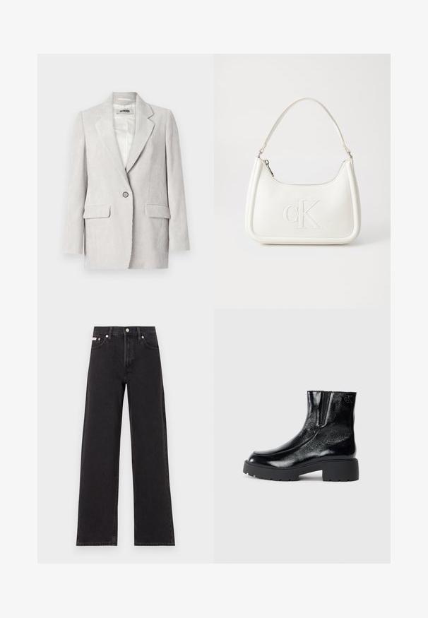 Light gray corduroy blazer featuring a notched lapel, single button closure, two front pockets, and a smooth interior lining.; White cotton t-shirt with short sleeves, round neckline, and a relaxed fit. Smooth texture, no patterns or accents, minimalistic design.; Black wide-leg jeans made of denim, featuring a high-rise waist, five-pocket styling, and a metal button closure with contrasting stitching.; Black ankle boots with a glossy patent leather finish, chunky black rubber sole, and raised heel; includes subtle logo detail on the side.; White leather handbag with a curved shape, featuring an embossed "CK" logo on the front and a single shoulder strap. Zipper closure at top.