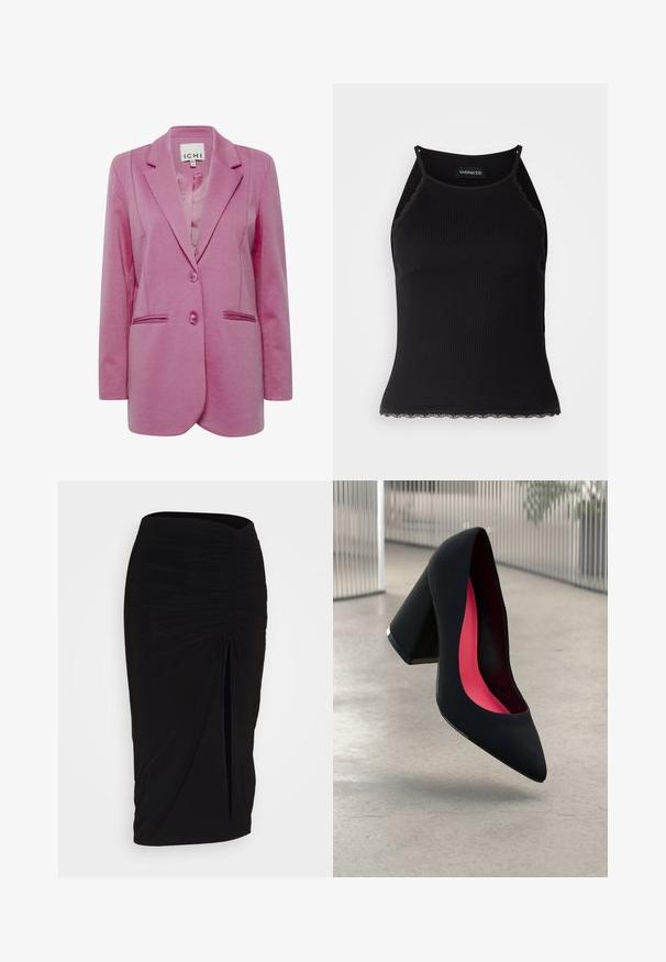 Rožinė švarkas, pritaikytas priefigūroms, su dviem sagomis, išpjautomis apykaklėmis ir šoninėmis kišenėmis. Lygus audinys su šiek tiek tekstūruotu paviršiumi.; Juodas raštuotas marškinėlis be rankovių su banginiu nėriniu apdaila apatine dalimi. Savybės: plonos petnešos ir prigludusi forma. Pagaminta iš tamprios medžiagos.; Juoda, raukšlėta pieštuko sijonas su raišteliu ir šoniniu įpjovimu. Pagamintas iš elastingos medžiagos, pasižymi lygiu paviršiumi ir prigludusia forma.; Juodas aukštakulnis batai su smailiu pirštu, su tekstūruota paviršiumi ir ryškiai rožiniu vidumi. Su tiek dideliu kulnu, tiek sidabriniu akcentu.